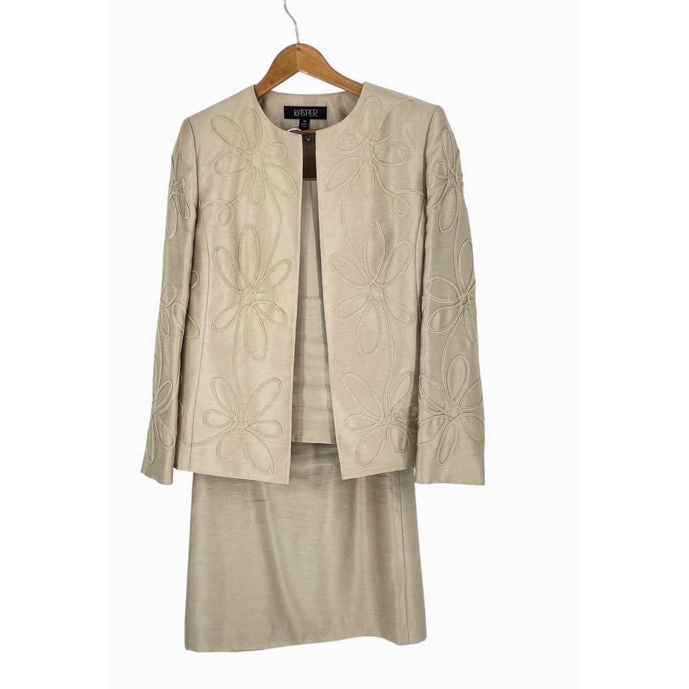 Kasper Womens 3-Piece Skirt Suit 10 Set Champagne Floral Embroidery Wedding